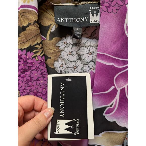 Anttony Size Large Purple Floral Cover Up Duster Kimono NEW Ruched Sleeves - Picture 3 of 5